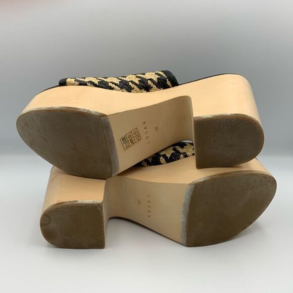 Logan Open Toe Leather‎ Raffia Houndstooth Wooden Clog Black Cream Size 36 - Picture 9 of 13